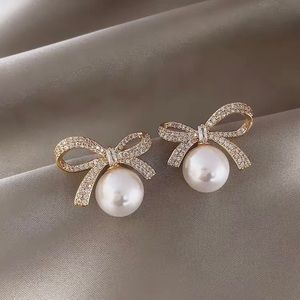 NEW Gold Bow Classic Faux Pearl Formal Earrings Cocktail Wedding Bridal Jewelry